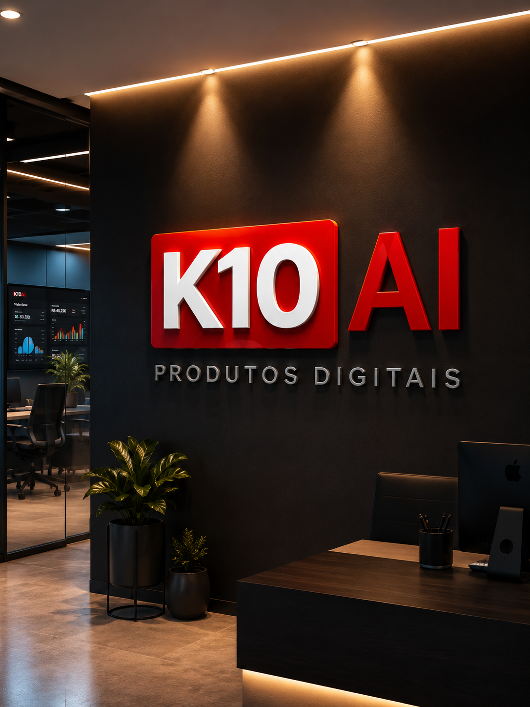 Escritório K10AI — identidade visual da plataforma de produtos digitais com IA
